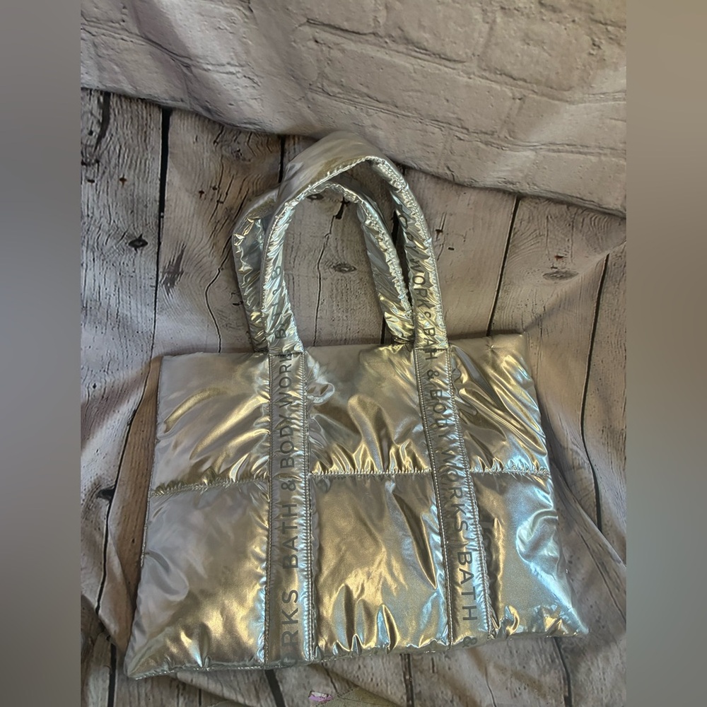 Bath And Body Works Tote 2024 Black Friday Metallic Silver PUFFY Beach Bag